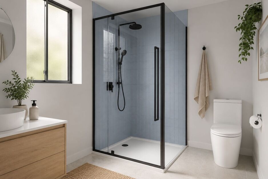 Modern bathroom with a new semi-frameless black framed shower screen for shower screen replacement in Perth