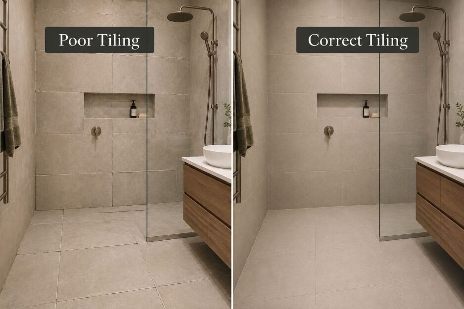 Split-screen bathroom comparison showing poor tiling with uneven grout lines beside correct tiling with a neat professional finish