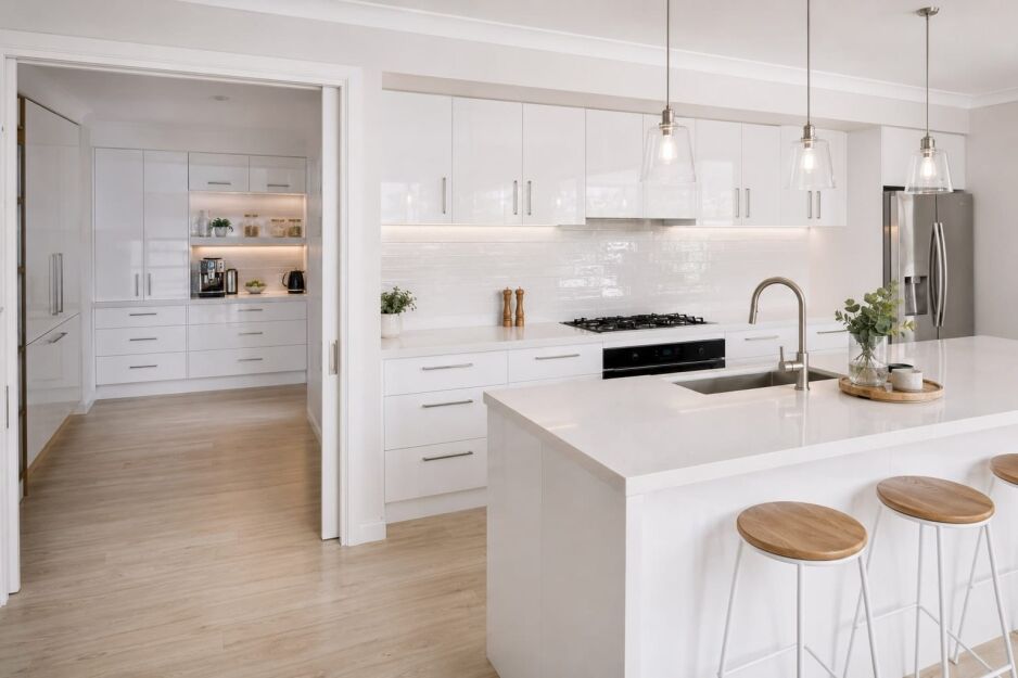 Modern butlers pantry design in a Perth home with gloss white cabinets