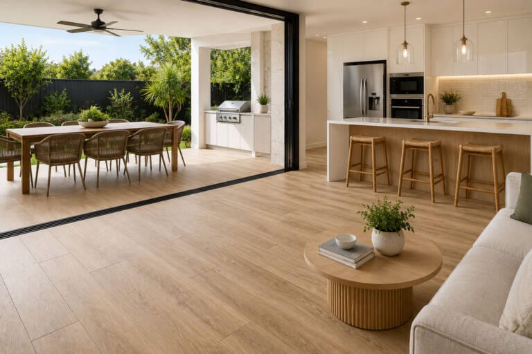 Modern Perth home with wood look tiles flowing from the kitchen and living area to a covered alfresco entertaining space