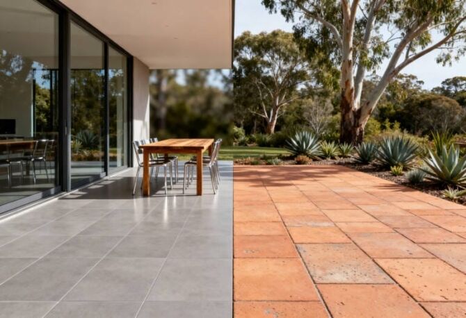 Side by side comparison of outdoor porcelain tiles vs pavers in a Perth backyard alfresco area