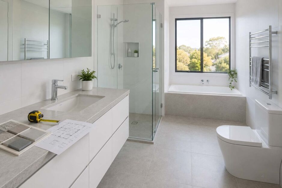 Bathroom renovation cost breakdown showing vanity tiles shower screen bath and tapware in a Perth bathroom