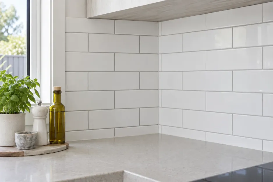 Tiled kitchen splashback in running bond above a benchtop with even grout lines and a clean corner cut