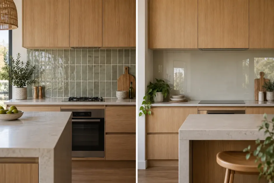Tile and glass kitchen splashbacks shown side by side