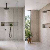 Split-screen bathroom comparison showing a ceiling-mounted shower head and a wall-mounted shower head in modern walk-in showers
