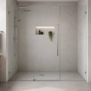 Wall-to-wall frameless shower screen spanning a tiled bathroom alcove in Perth