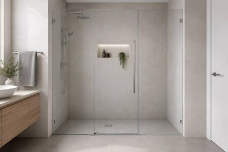 Wall-to-wall frameless shower screen spanning a tiled bathroom alcove in Perth