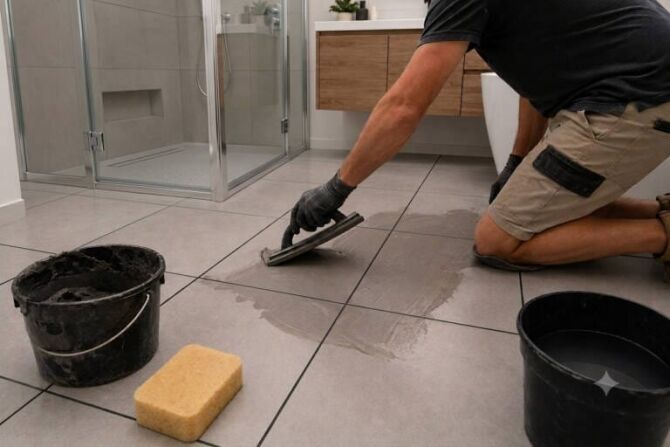 DIY renovator applying grout to floor tiles with a rubber grout float