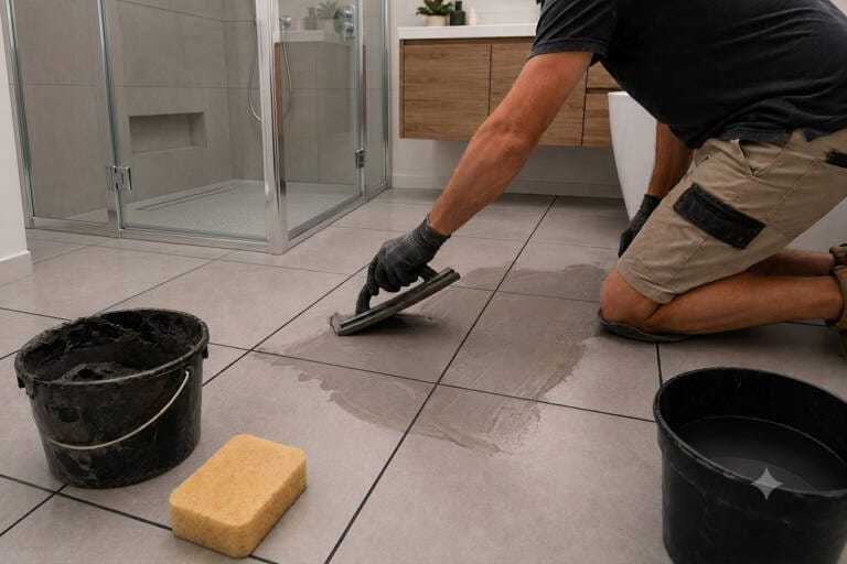 DIY renovator applying grout to floor tiles with a rubber grout float