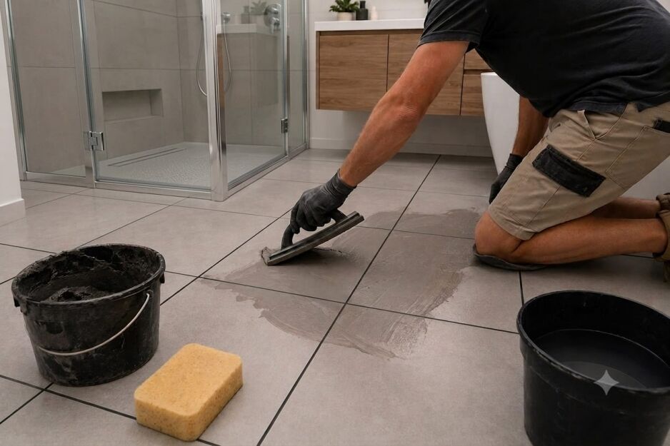 DIY renovator applying grout to floor tiles with a rubber grout float