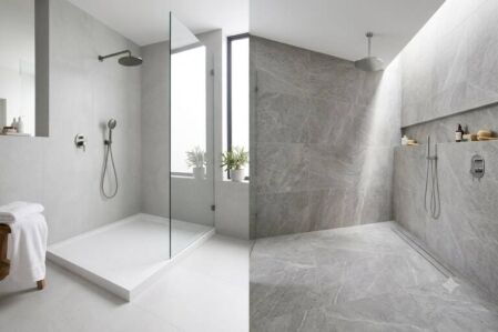 A side-by-side comparison of a modern white shower base and a seamless tiled shower floor in a Perth bathroom renovation