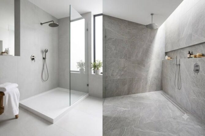A side-by-side comparison of a modern white shower base and a seamless tiled shower floor in a Perth bathroom renovation