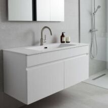 Modern bathroom with wall-hung vanity and integrated sink from Ross’s Discount Home Centre, showcasing a sleek and functional sink and cabinet combo