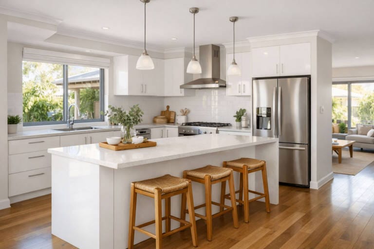 Renovated Perth kitchen with white high-gloss cabinetry, stone benchtop and open-plan living area