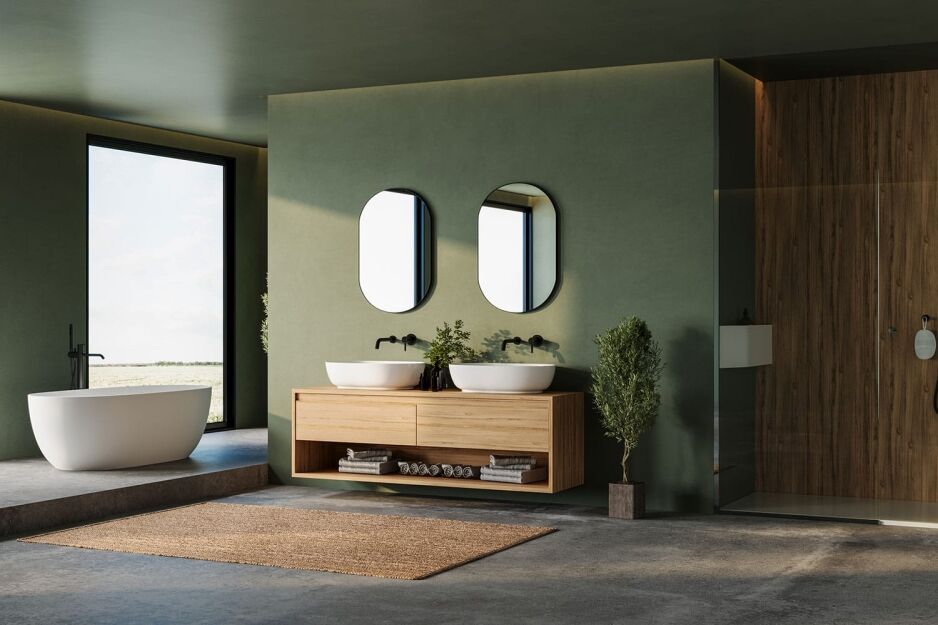 Modern Australian bathroom with green and timber colour scheme featuring freestanding bath and double vanity
