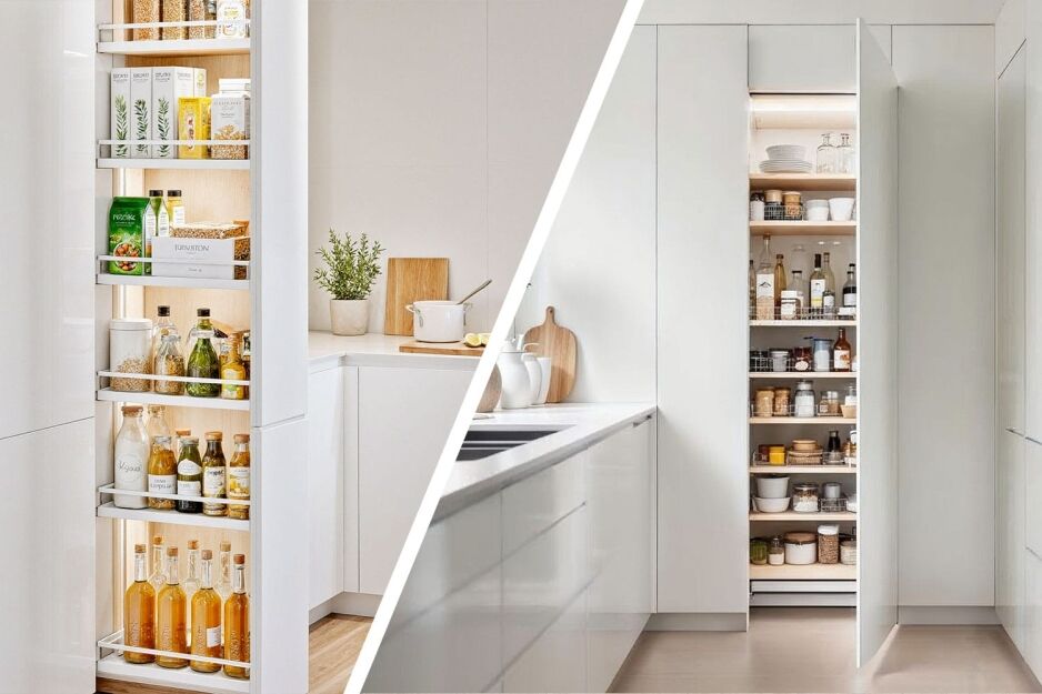 Pull out pantry vs traditional pantry comparison in modern kitchen design