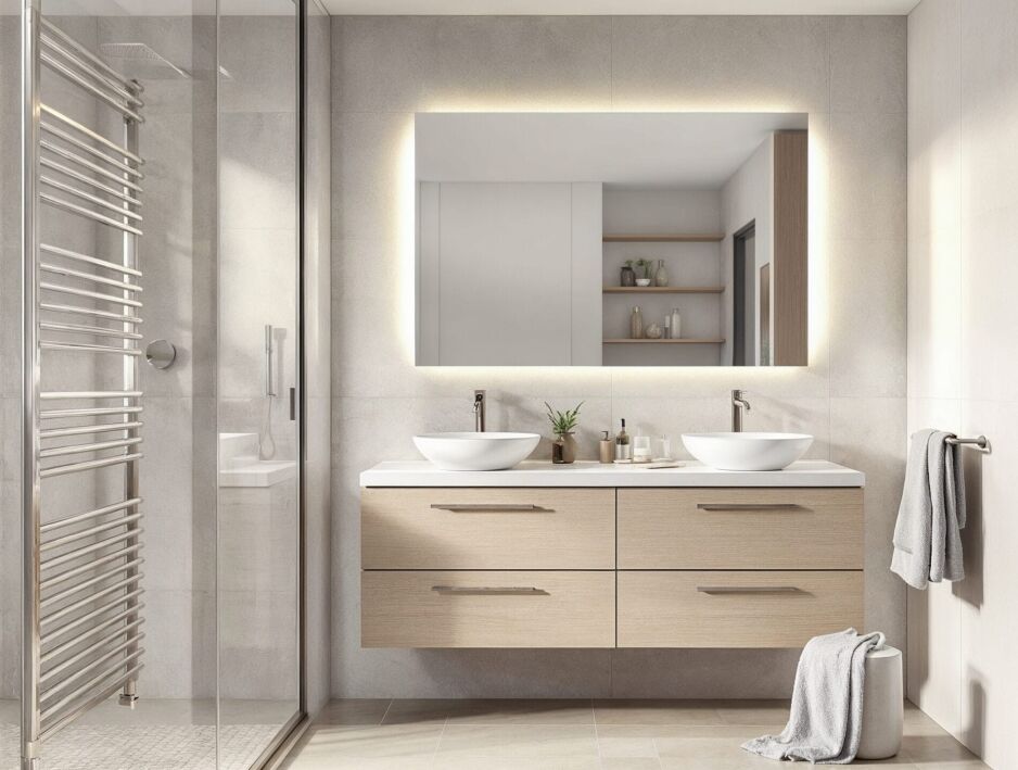 trendy Rectangular Bathroom Mirror in modern bathroom setting