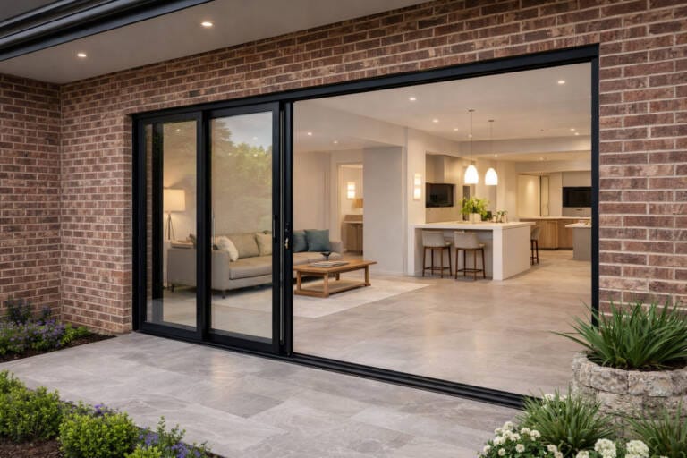 Black aluminium sliding stacker doors opening to a modern open-plan living and kitchen area with tiled flooring and brick exterior