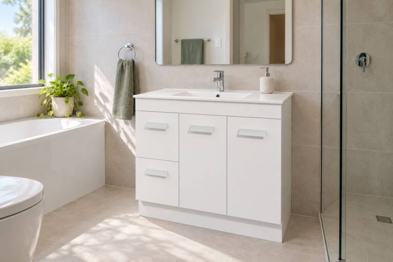 White gloss cheap bathroom vanity with integrated basin and drawers in a renovated Perth family bathroom
