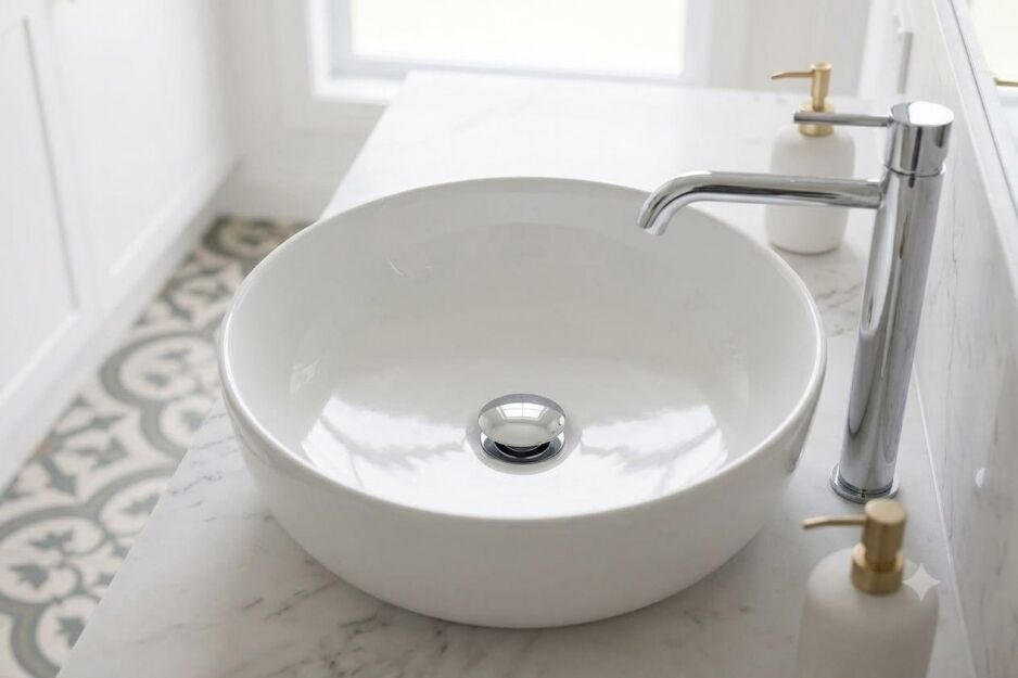 A modern chrome pop-up waste installed in a white ceramic bathroom basin next to a matching basin mixer tap