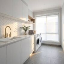 A stylish modern laundry room in a Perth home featuring terrazzo-look floor tiles and a herringbone subway tile splashback.