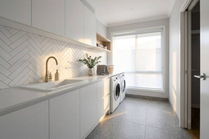 A stylish modern laundry room in a Perth home featuring terrazzo-look floor tiles and a herringbone subway tile splashback.