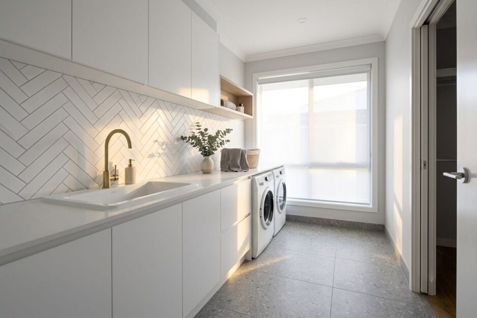 A stylish modern laundry room in a Perth home featuring terrazzo-look floor tiles and a herringbone subway tile splashback.