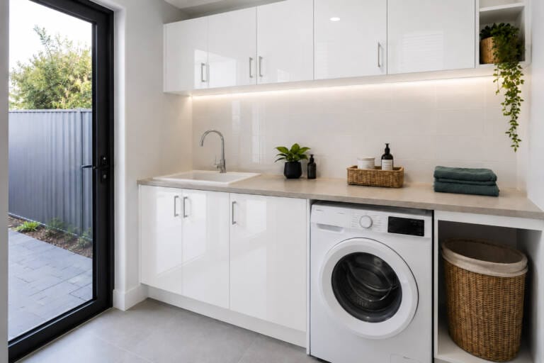 Affordable laundry renovation in a Perth home with practical cabinets and benchtop