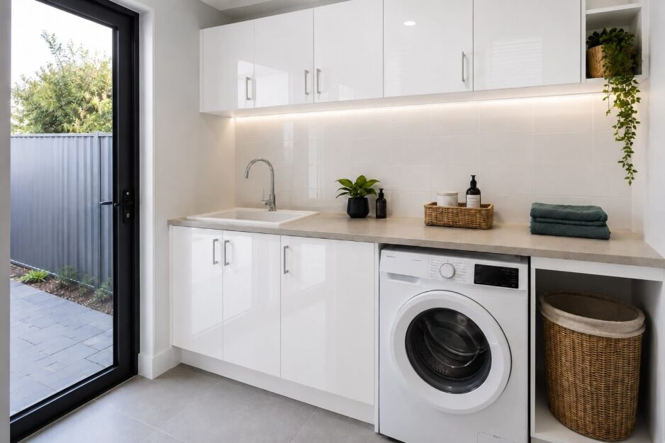 Affordable laundry renovation in a Perth home with practical cabinets and benchtop
