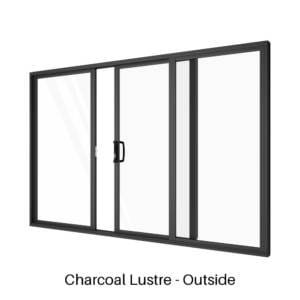 Single Centre Sliding Door with Two Fixed Lites Charcoal Lustre Outside Single Centre Sliding Door with Two Fixed Lites Charcoal Lustre Outside