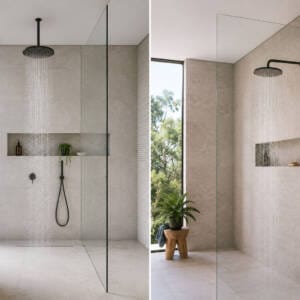 Split-screen bathroom comparison showing a ceiling-mounted shower head and a wall-mounted shower head in modern walk-in showers