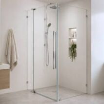 Frameless corner shower screen with pivot door and return panel in a Perth bathroom