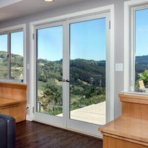 exterior double doors with pearl white frame