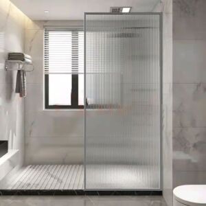 brushed-frame-fluted-glass-panel-bathroom-2 Fluted Glass Shower Panel Brushed Stainless Steel - front view