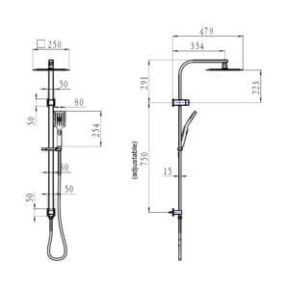 sky square twin shower on rail sizes