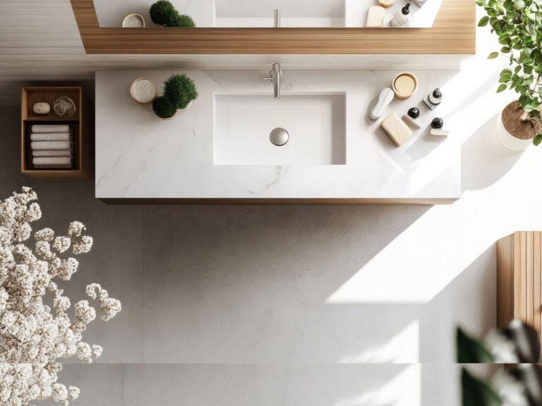 Modern vanity top with integrated basin in white marble-look sintered stone – ideal for contemporary bathrooms