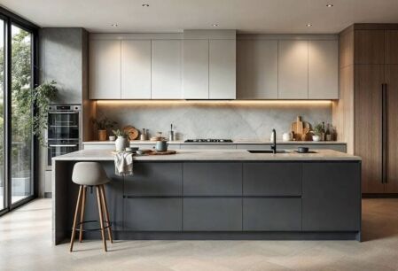 Modern Australian kitchen with grey island, light upper cabinets, natural timber elements and stone splashback — 2025 kitchen colour trend
