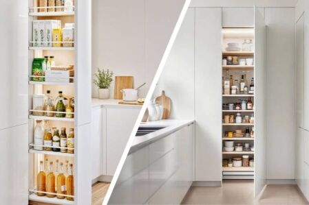 Pull out pantry vs traditional pantry comparison in modern kitchen design