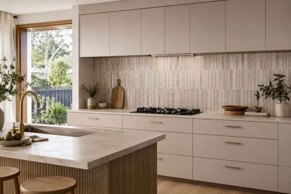 The hottest kitchen splashback trends for 2026 shown in a modern Australian kitchen with textured tiles, overhead cabinets and warm natural light
