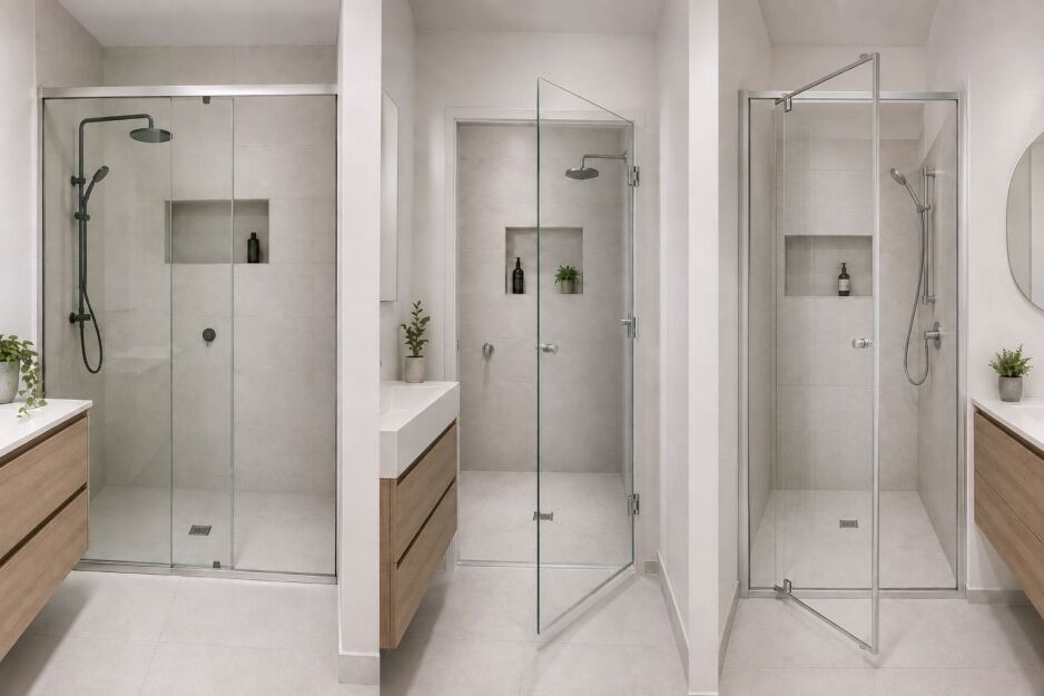 Sliding, side-hinged and pivot shower screens shown in three modern bathroom layouts