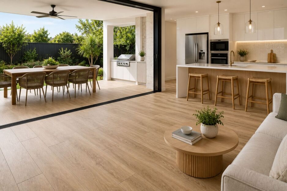 Modern Perth home with wood look tiles flowing from the kitchen and living area to a covered alfresco entertaining space
