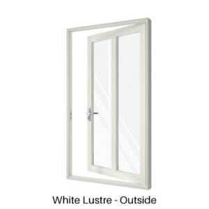 Single Front Entry Door with Single Vertical Midrail White Lustre Outside Single Front Entry Door with Single Vertical Midrail White Lustre Outside