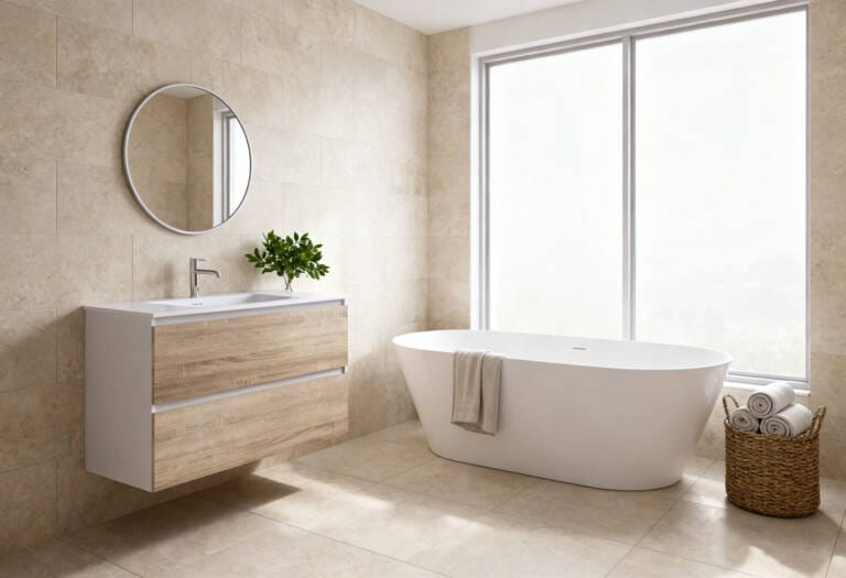 Freestanding bath in a modern bathroom showing the type of bathtub commonly priced when estimating bath cost in Perth