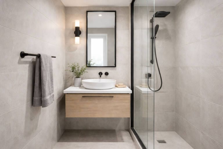 Small bathroom with floating vanity and wall-mounted towel rail showing space-saving bathroom accessories