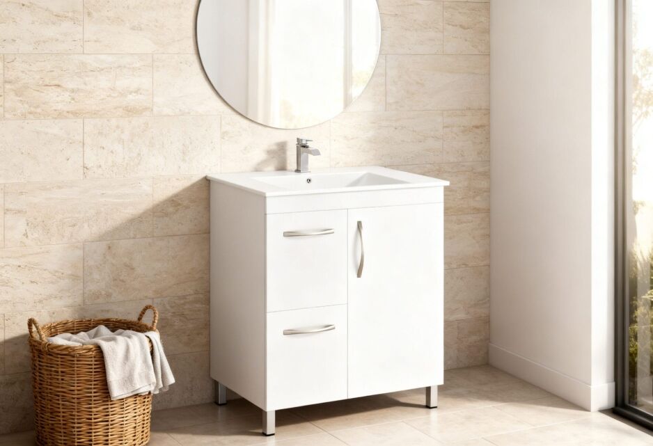 Cheap bathroom vanity in a modern Perth bathroom with white cabinet, integrated basin and round mirror