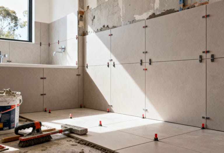 Bathroom tiles being installed on floor and walls during a bathroom renovation in Perth