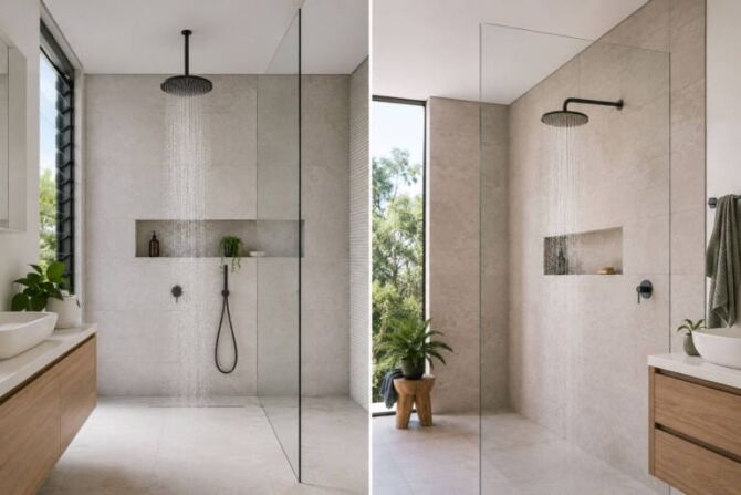Split-screen bathroom comparison showing a ceiling-mounted shower head and a wall-mounted shower head in modern walk-in showers