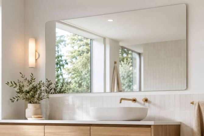 Large frameless bathroom mirror above a modern vanity with warm timber cabinetry, white tiles and natural light