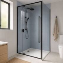 Modern bathroom with a new semi-frameless black framed shower screen for shower screen replacement in Perth