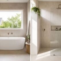 Split-screen bathroom comparison showing a back-to-wall bath on one side and a walk-in shower on the other